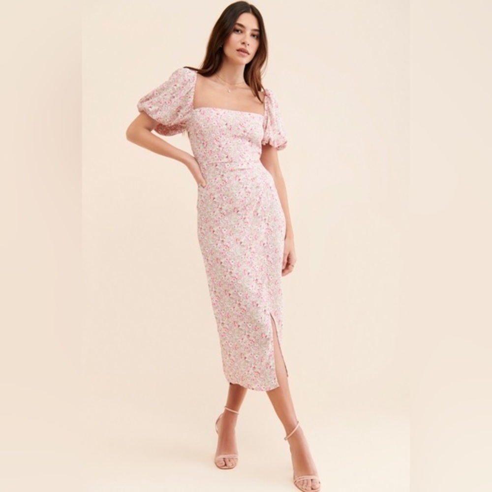 Astr The Label Puff Sleeve Front Slit Midi Dress In Pink Multi Ditsy Size Large